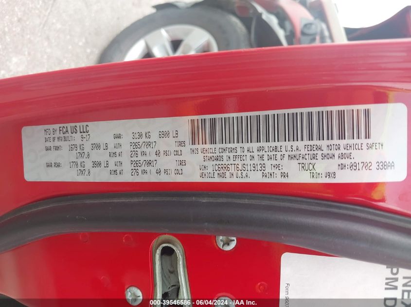 2018 Ram 1500 Slt 4X2 6'4 Box VIN: 1C6RR6TT6JS119139 Lot: 39546586
