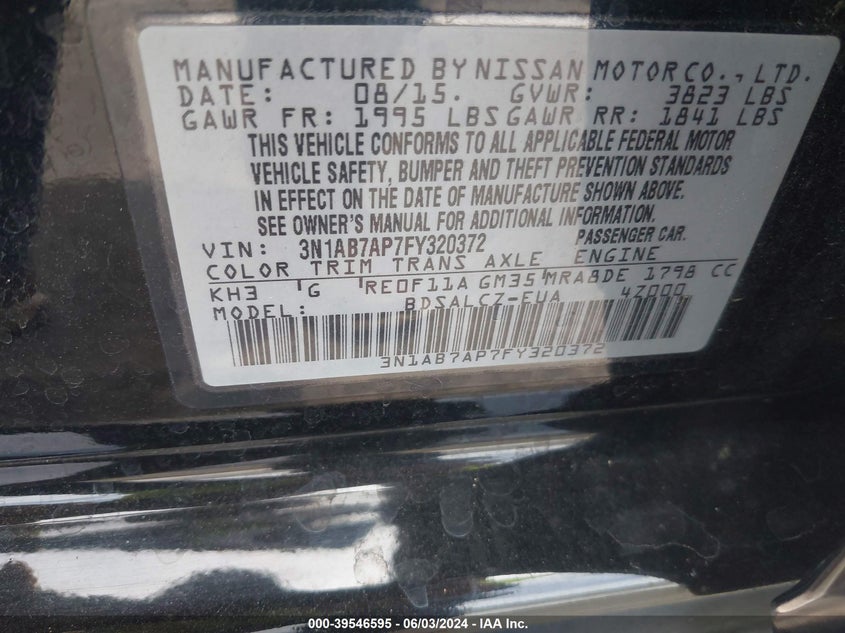 2015 Nissan Sentra S VIN: 3N1AB7AP7FY320372 Lot: 39546595