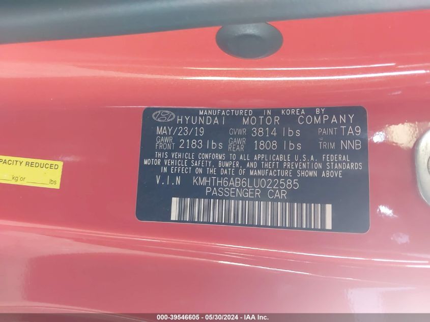 2020 Hyundai Veloster Turbo R-Spec VIN: KMHTH6AB6LU022585 Lot: 39546605