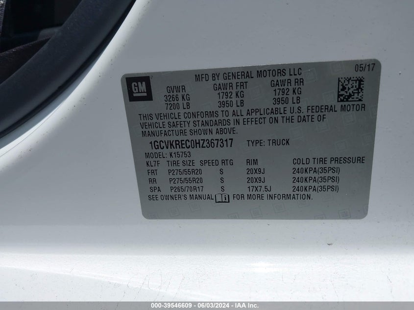 2017 Chevrolet Silverado 1500 2Lt VIN: 1GCVKREC0HZ367317 Lot: 39546609