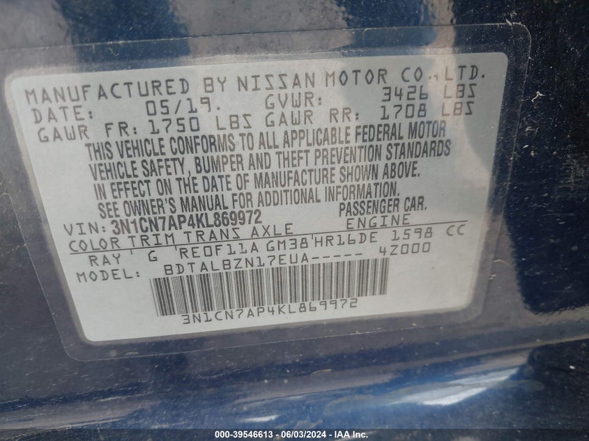 2019 NISSAN VERSA S/S PLUS/SV - 3N1CN7AP4KL869972
