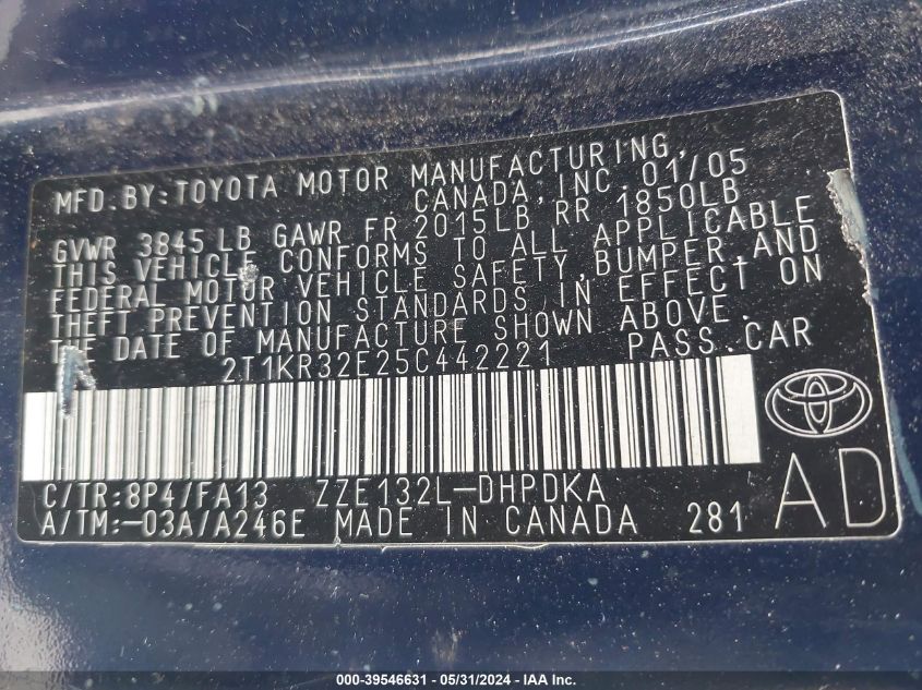 2005 Toyota Matrix VIN: 2T1KR32E25C442221 Lot: 39546631