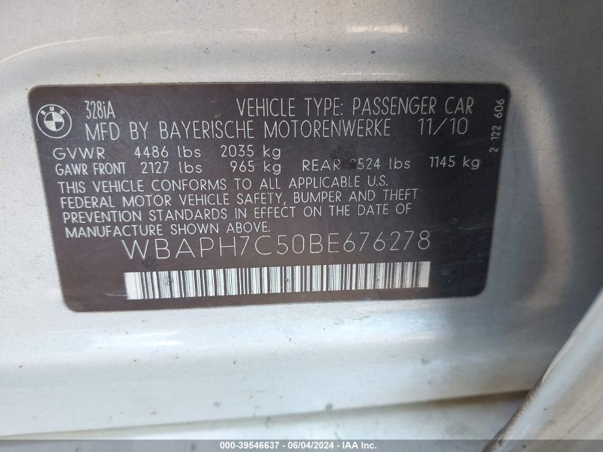2011 BMW 328I VIN: WBAPH7C50BE676278 Lot: 39546637