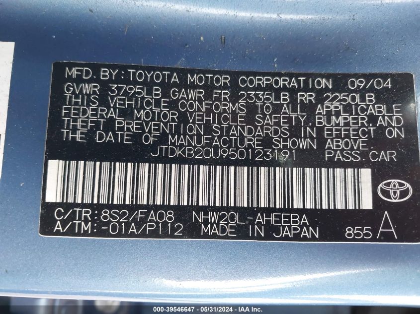 2005 Toyota Prius VIN: JTDKB20U950123191 Lot: 39546647