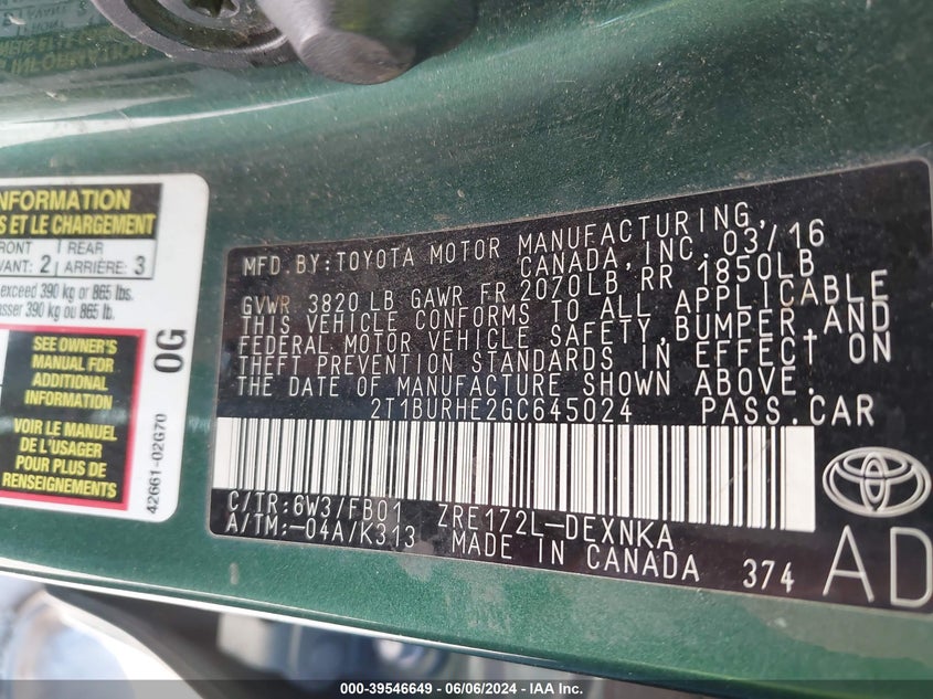 2016 Toyota Corolla Le VIN: 2T1BURHE2GC645024 Lot: 39546649