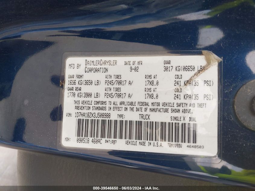 2003 Dodge Ram 1500 Slt/Laramie/St VIN: 1D7HA18ZX3J508988 Lot: 39546650