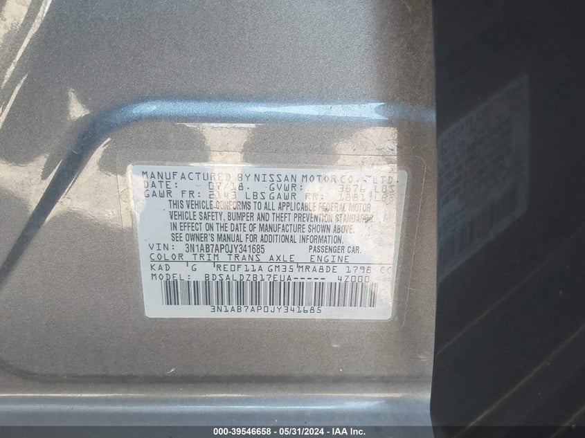 2018 Nissan Sentra Sv VIN: 3N1AB7AP0JY341685 Lot: 39546658