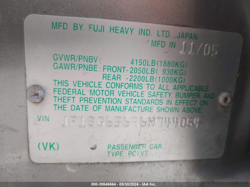 2006 Subaru Forester 2.5X VIN: JF1SG65696H744054 Lot: 39546664