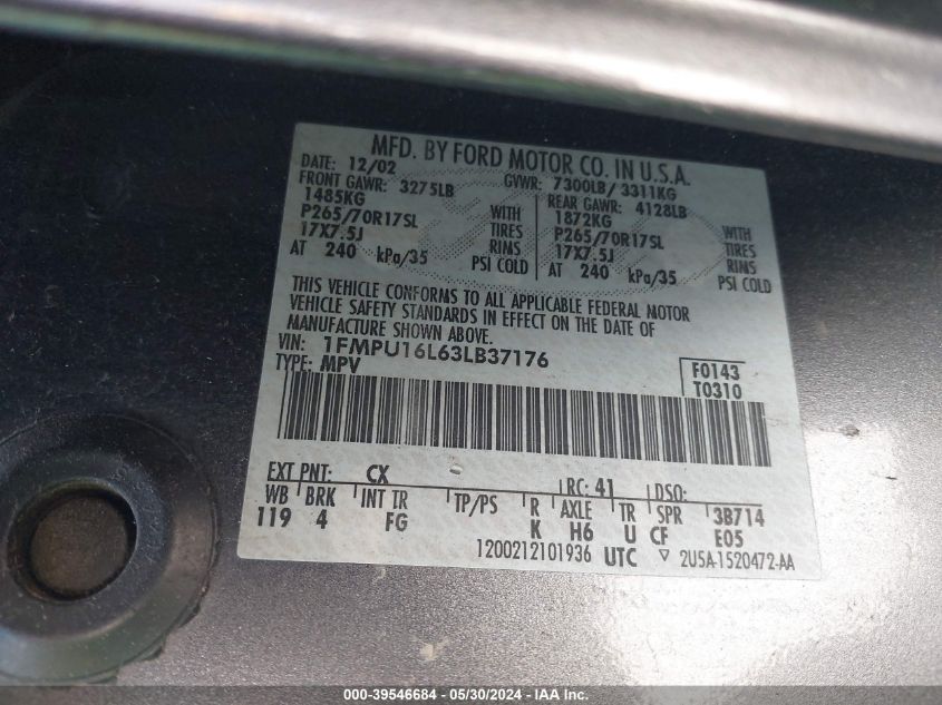 2003 Ford Expedition Xlt VIN: 1FMPU16L63LB37176 Lot: 39546684
