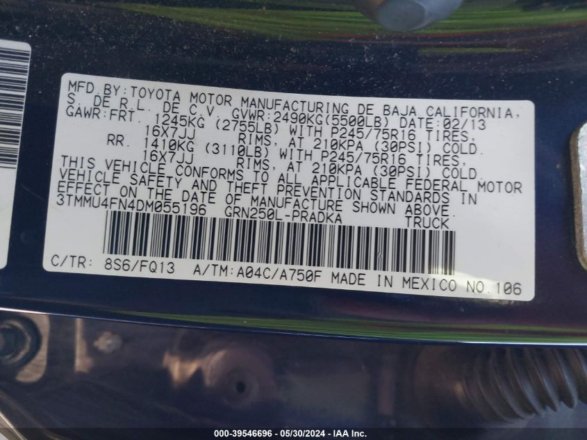 2013 Toyota Tacoma Base V6 VIN: 3TMMU4FN4DM055196 Lot: 39546696