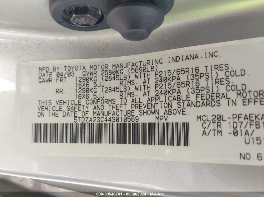 2004 Toyota Sienna Le VIN: 5TDZA23C44S010569 Lot: 39546701