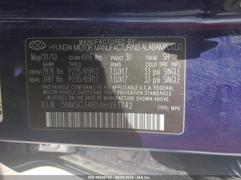 2010 Hyundai Santa Fe Gls VIN: 5NMSG3AB1AH393742 Lot: 39546702