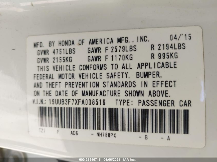 2015 Acura Tlx V6 Advance VIN: 19UUB3F7XFA008516 Lot: 39546716