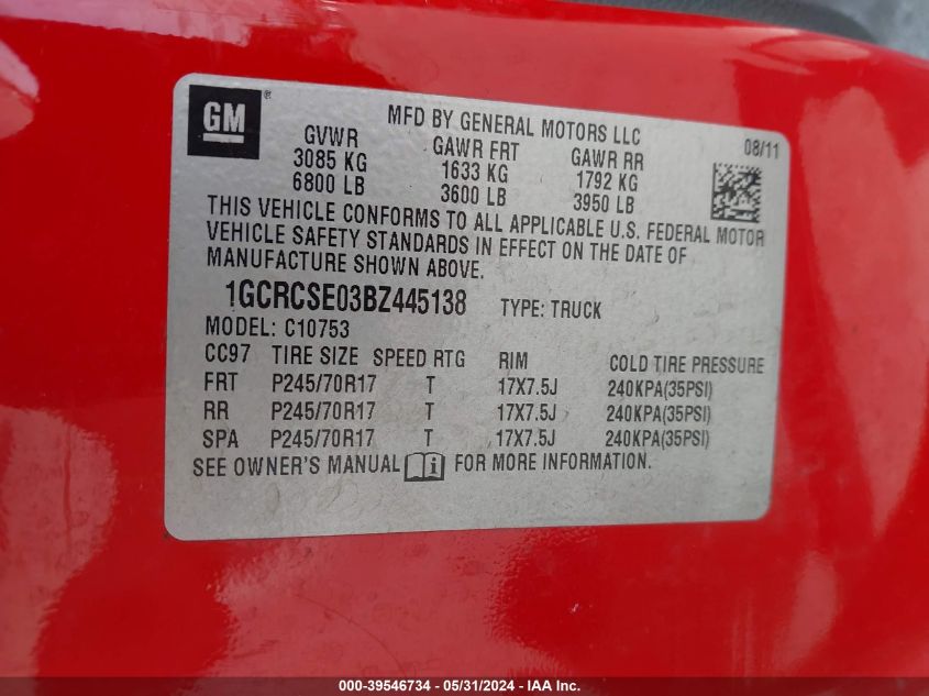 2011 Chevrolet Silverado 1500 Lt VIN: 1GCRCSE03BZ445138 Lot: 39546734