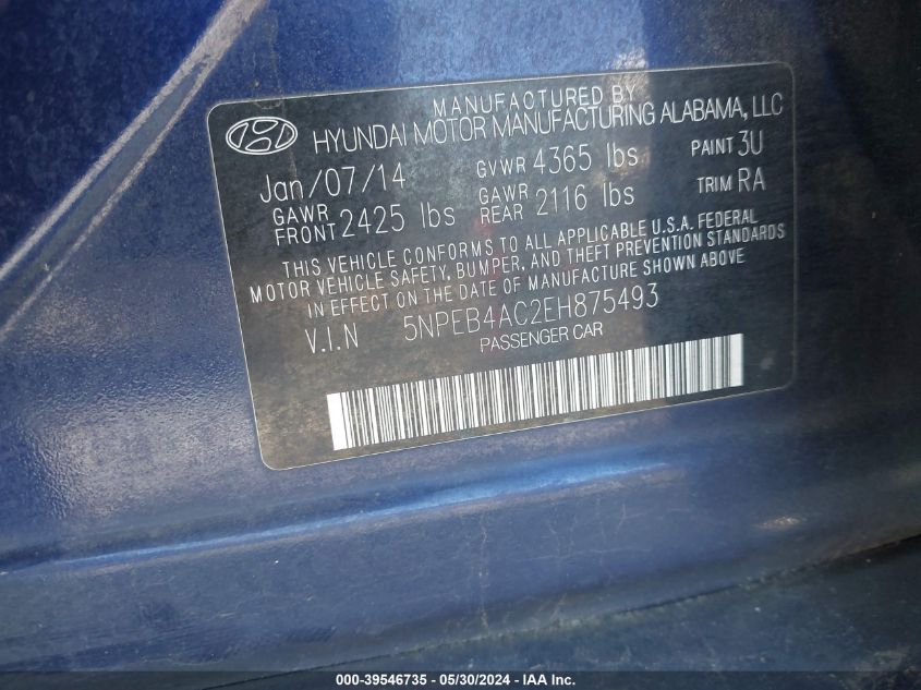 2014 HYUNDAI SONATA GLS - 5NPEB4AC2EH875493