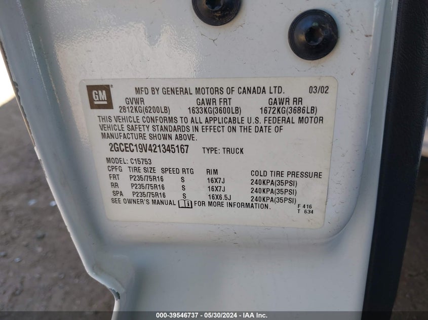 2002 Chevrolet Silverado 1500 Ls VIN: 2GCEC19V421345167 Lot: 39546737