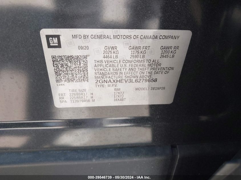 2020 Chevrolet Equinox Fwd Ls VIN: 2GNAXHEV3L6279658 Lot: 39546739