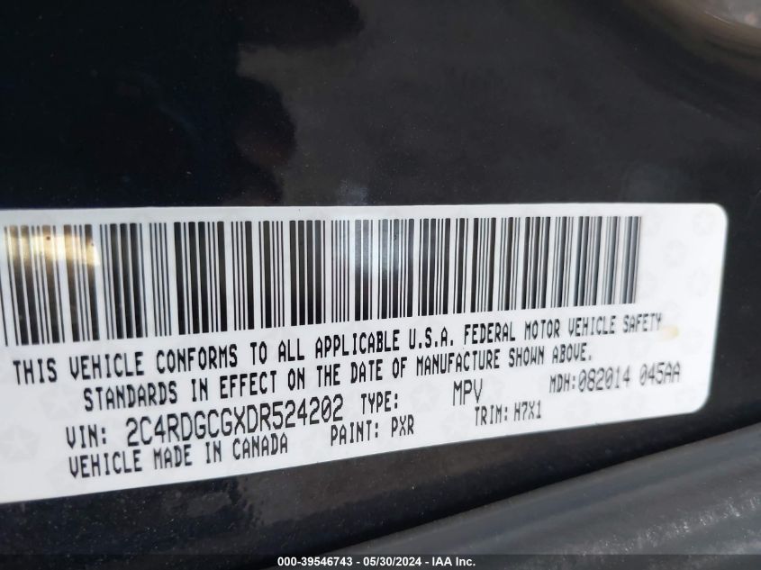 2013 Dodge Grand Caravan Sxt VIN: 2C4RDGCGXDR524202 Lot: 39546743