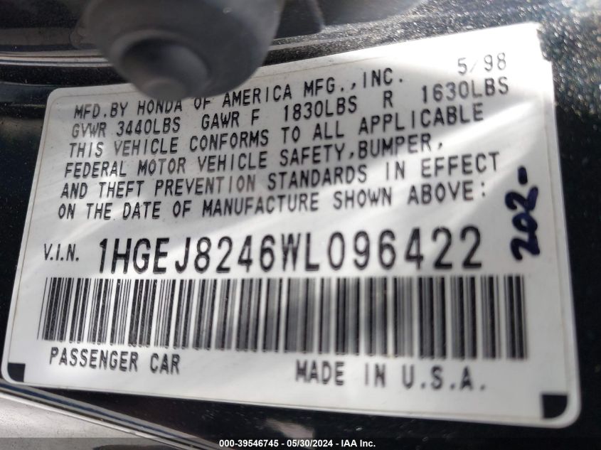 1998 Honda Civic Ex VIN: 1HGEJ8246WL096422 Lot: 39546745