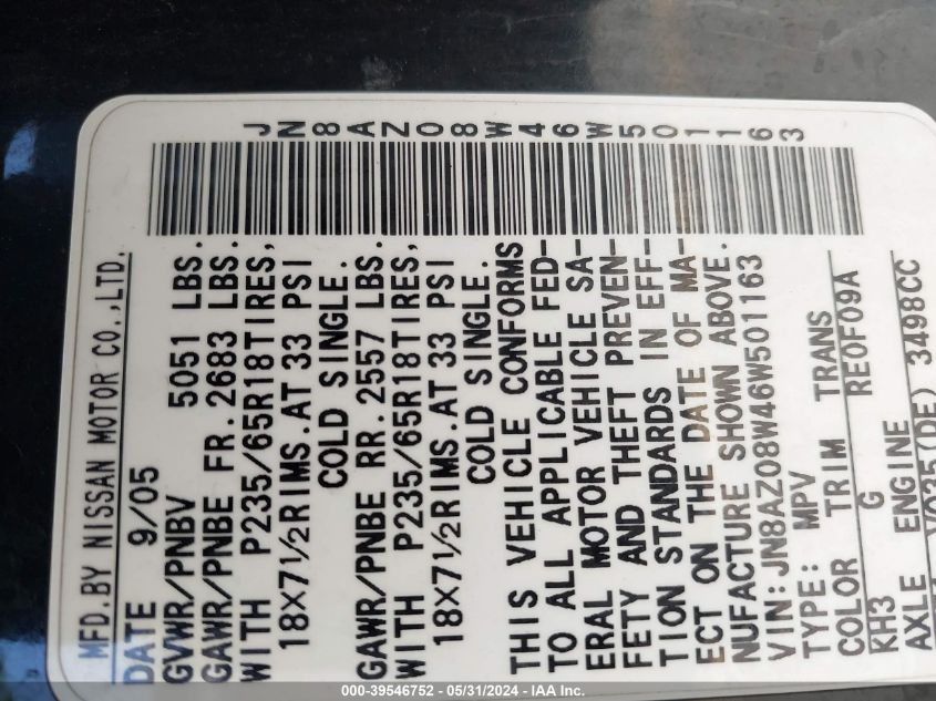 2006 Nissan Murano Sl/Se/S VIN: JN8AZ08W46W501163 Lot: 39546752