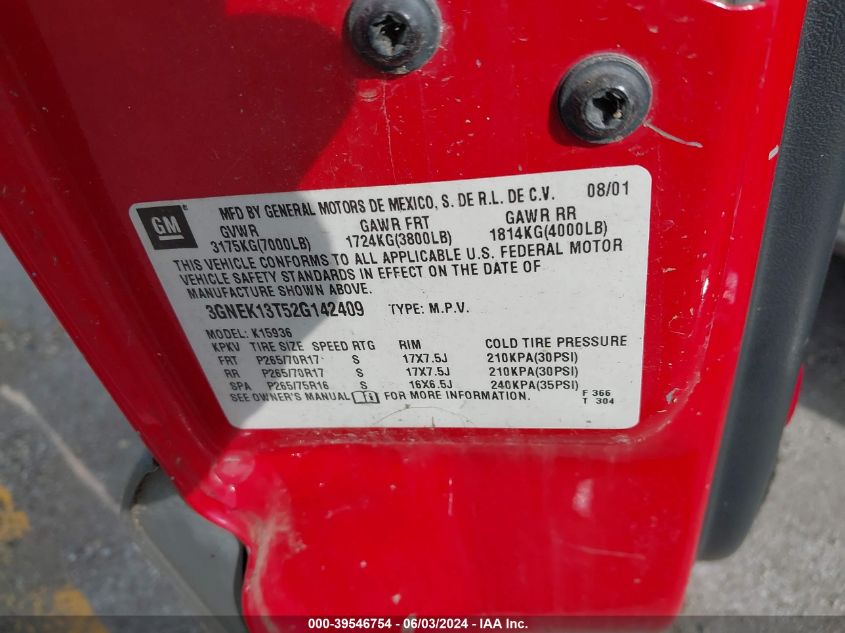 2002 Chevrolet Avalanche K1500 VIN: 3GNEK13T52G142409 Lot: 39546754