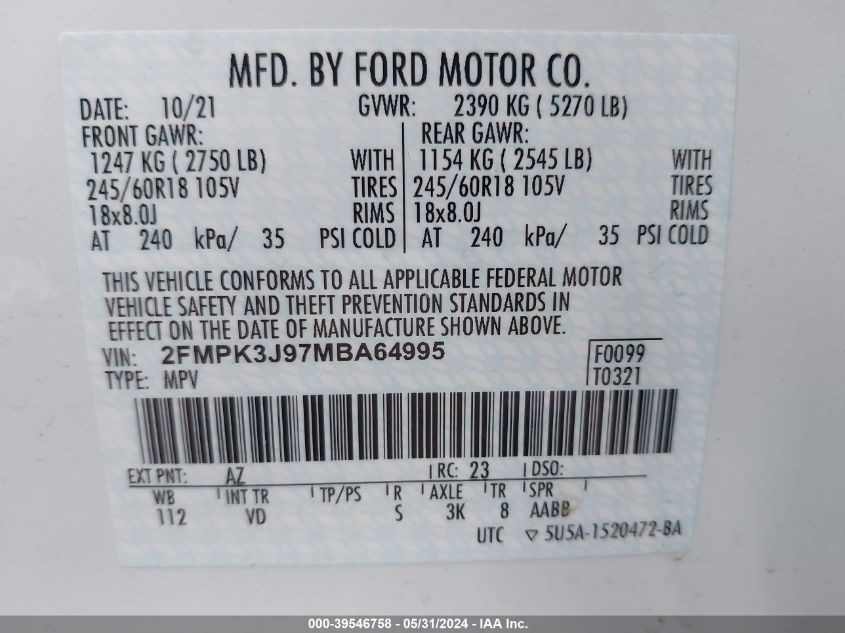 2021 Ford Edge Sel VIN: 2FMPK3J97MBA64995 Lot: 39546758