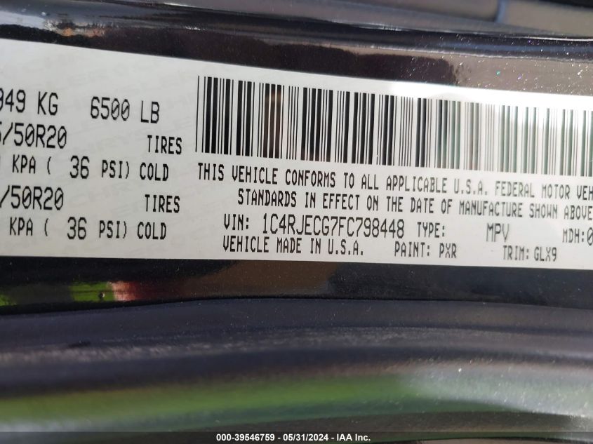 2015 Jeep Grand Cherokee Overland VIN: 1C4RJECG7FC798448 Lot: 39546759