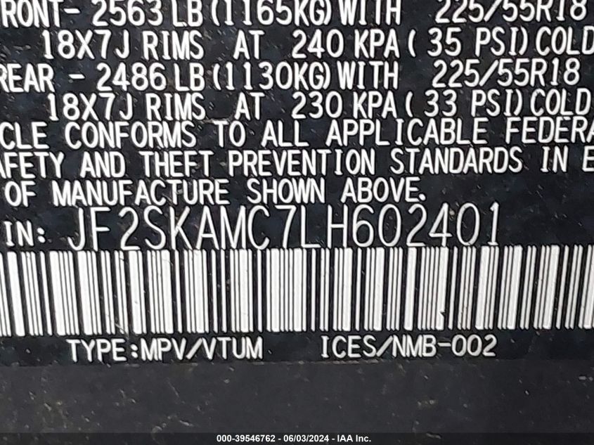 2020 Subaru Forester Sport VIN: 0JF2SKAMC7LH60240 Lot: 39546762