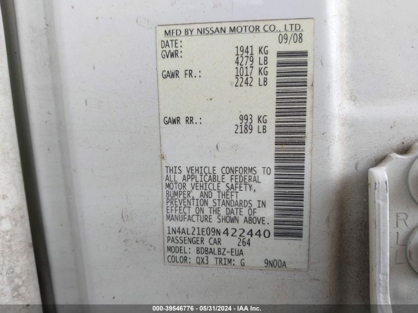 2009 Nissan Altima 2.5 S VIN: 1N4AL21E09N422440 Lot: 39546776