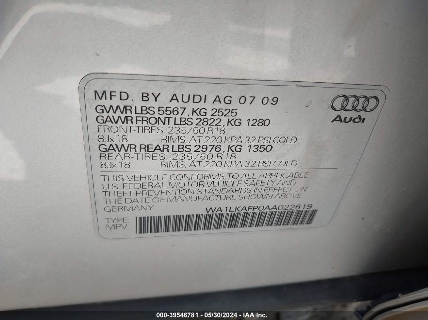 2010 Audi Q5 3.2 Premium VIN: WA1LKAFP0AA022619 Lot: 39546781