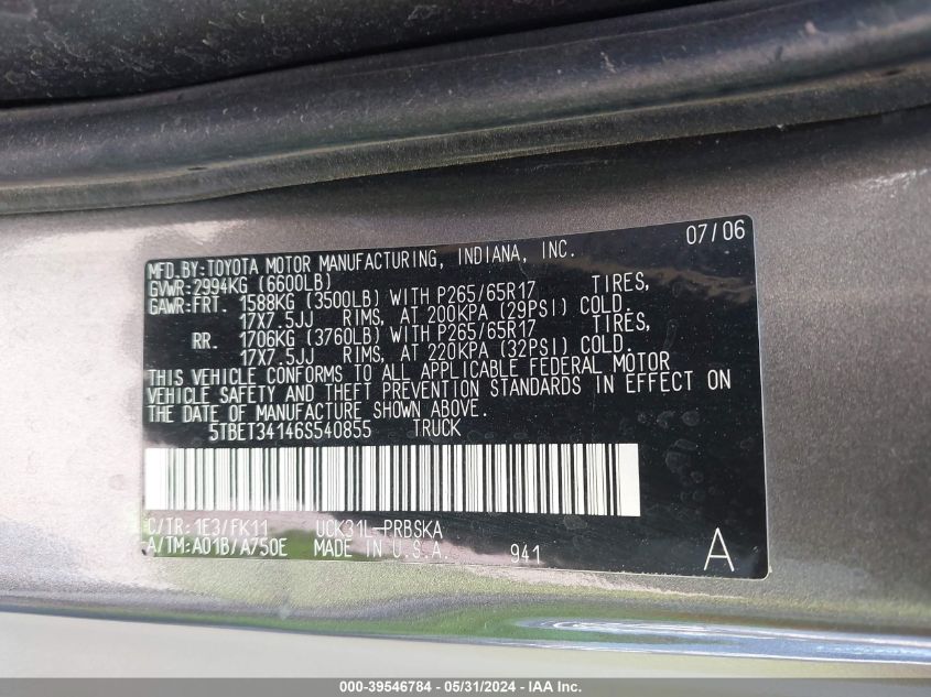 2006 Toyota Tundra Sr5 V8 VIN: 5TBET34146S540855 Lot: 39546784