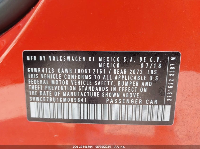 2019 Volkswagen Jetta 1.4T R-Line/1.4T S/1.4T Se VIN: 3VWC57BU1KM069641 Lot: 39546804