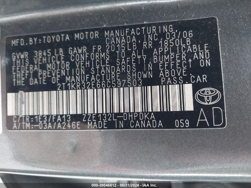 2006 Toyota Matrix Xr VIN: 2T1KR32E66C597503 Lot: 39546812