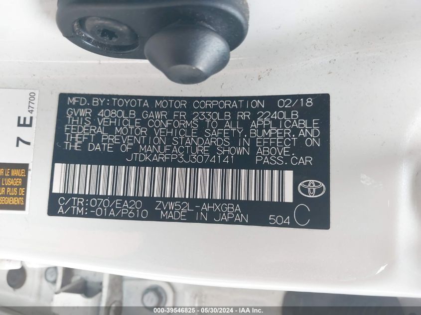 2018 Toyota Prius Prime Advanced VIN: JTDKARFP3J3074141 Lot: 39546825