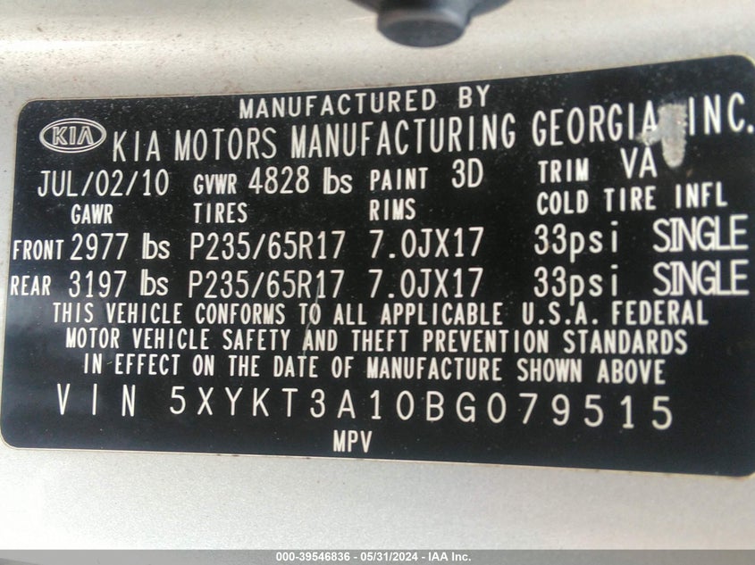 2011 Kia Sorento Lx VIN: 5XYKT3A10BG079515 Lot: 39546836