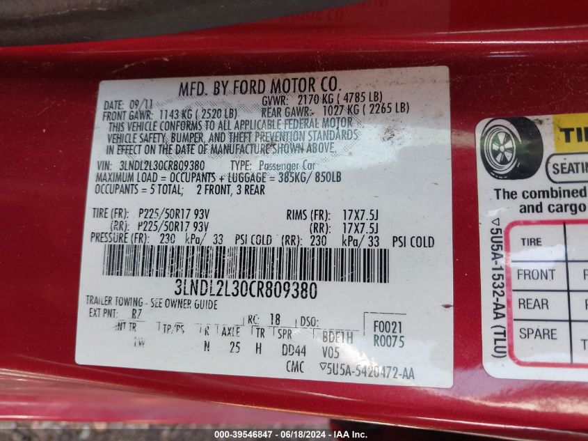 2012 Lincoln Mkz Hybrid VIN: 3LNDL2L30CR809380 Lot: 39546847