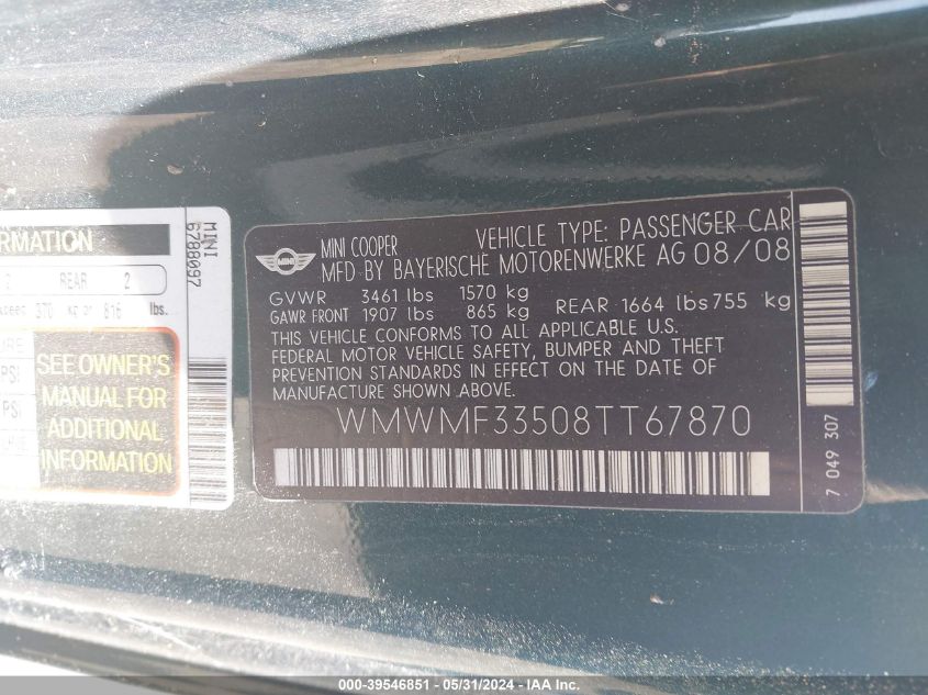 2008 Mini Cooper VIN: WMWMF33508TT67870 Lot: 39546851