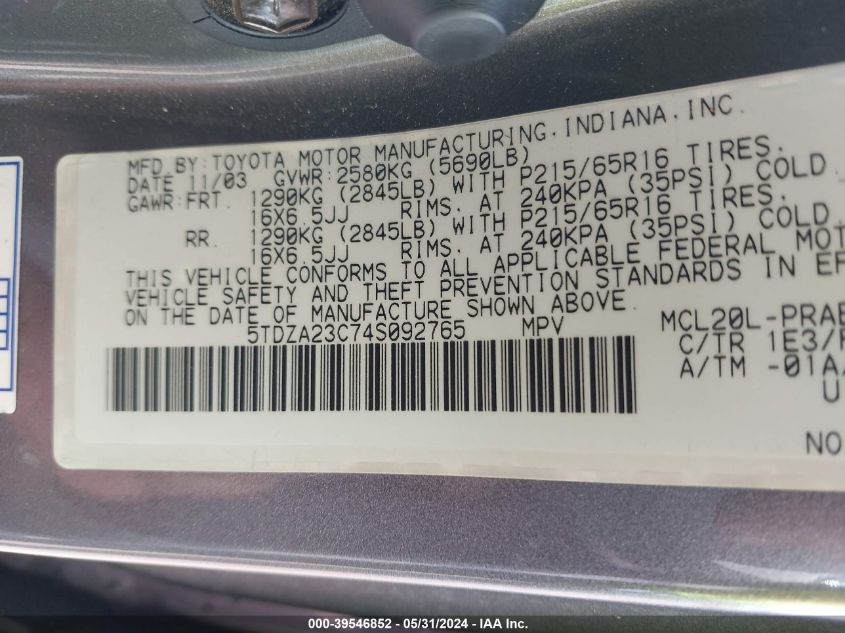 2004 Toyota Sienna Le VIN: 5TDZA23C74S092765 Lot: 39546852