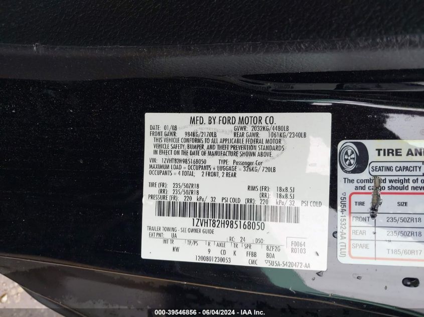 2008 Ford Mustang Gt Deluxe/Gt Premium VIN: 1ZVHT82H985168050 Lot: 39546856