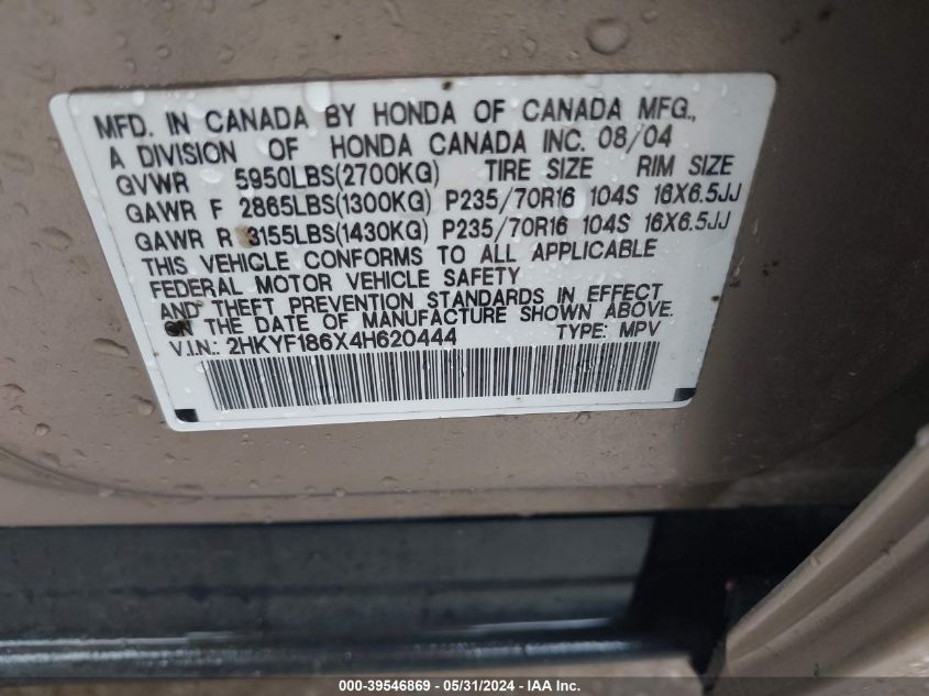 2004 Honda Pilot Ex-L VIN: 2HKYF186X4H620444 Lot: 39546869