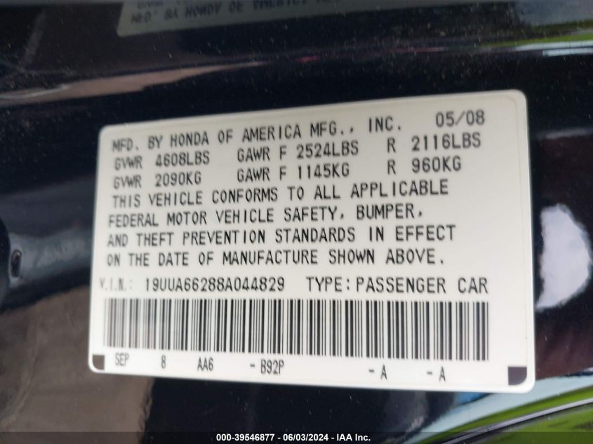 2008 Acura Tl 3.2 VIN: 19UUA66288A044829 Lot: 39546877