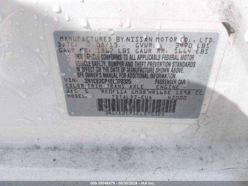 2014 Nissan Versa Note Sv VIN: 3N1CE2CP1EL370325 Lot: 39546879