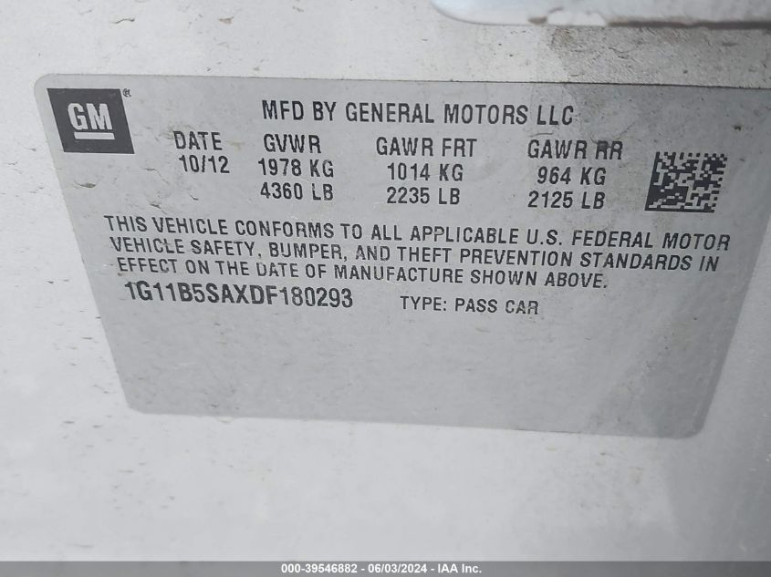 2013 Chevrolet Malibu 1Ls VIN: 1G11B5SAXDF180293 Lot: 39546882