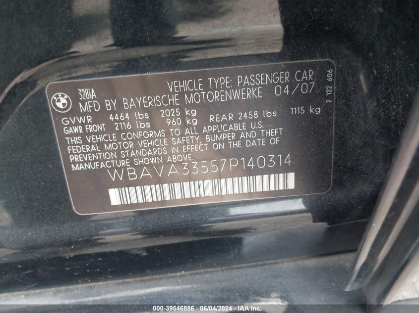 2007 BMW 328I VIN: WBAVA33557P140314 Lot: 39546886
