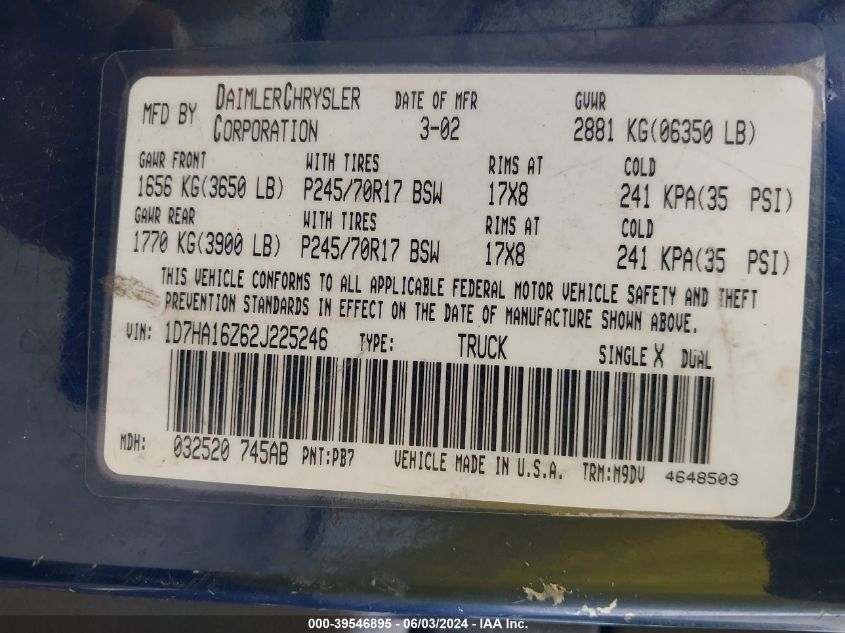 2002 Dodge Ram 1500 St VIN: 1D7HA16Z62J225246 Lot: 39546895