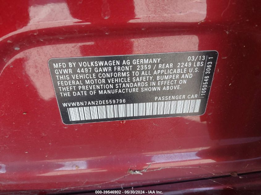 2013 Volkswagen Cc 2.0T Sport VIN: WVWBN7AN2DE559796 Lot: 39546902
