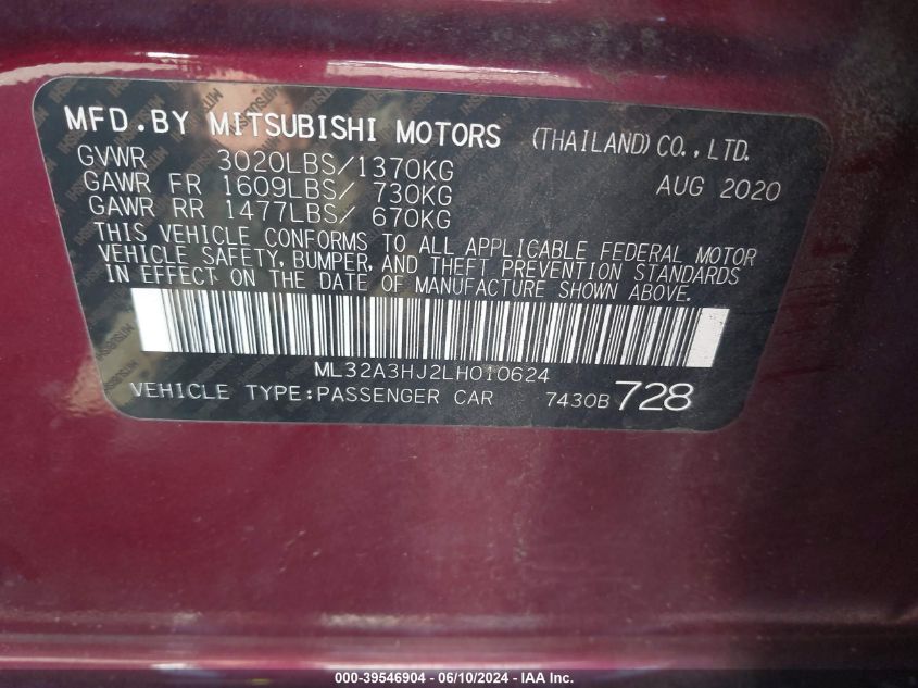 2020 Mitsubishi Mirage Es/Se VIN: ML32A3HJ2LH010624 Lot: 39546904