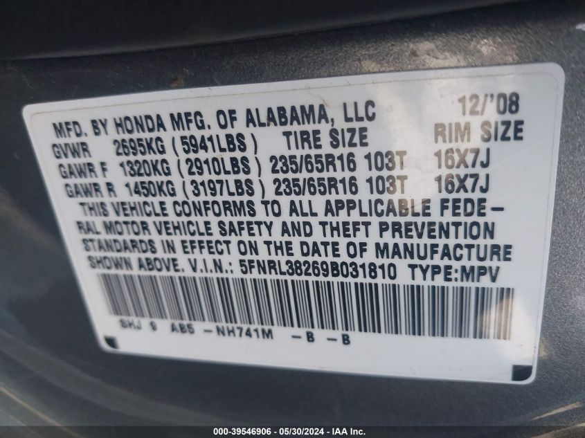 2009 Honda Odyssey Lx VIN: 5FNRL38269B031810 Lot: 39546906