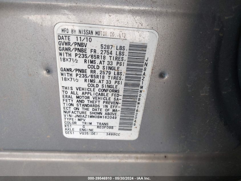 2011 Nissan Murano Sl VIN: JN8AZ1MW0BW162049 Lot: 39546910
