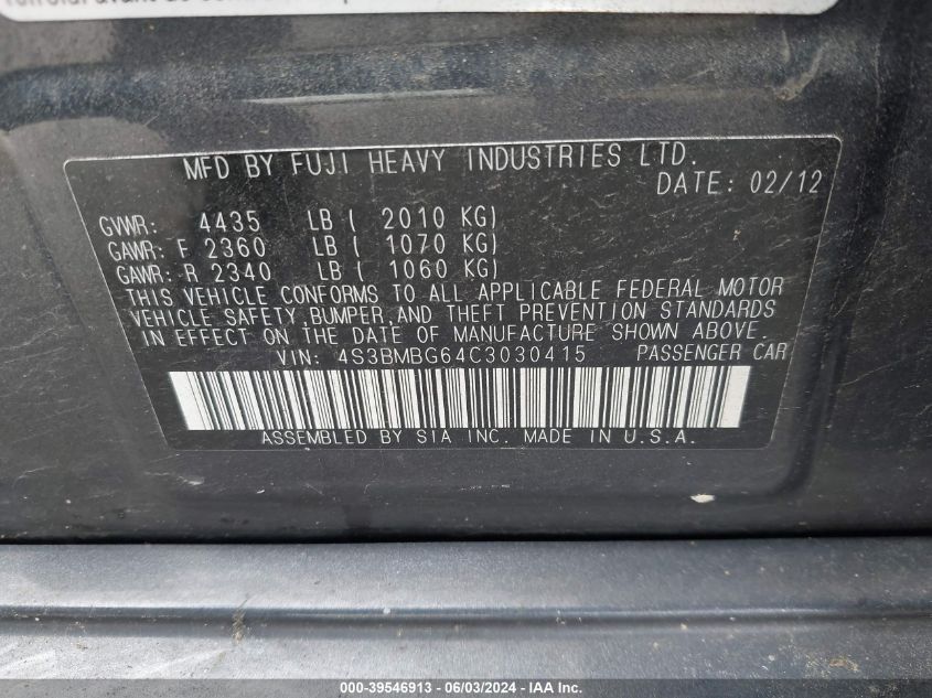 2012 Subaru Legacy 2.5I Premium VIN: 4S3BMBG64C3030415 Lot: 39546913
